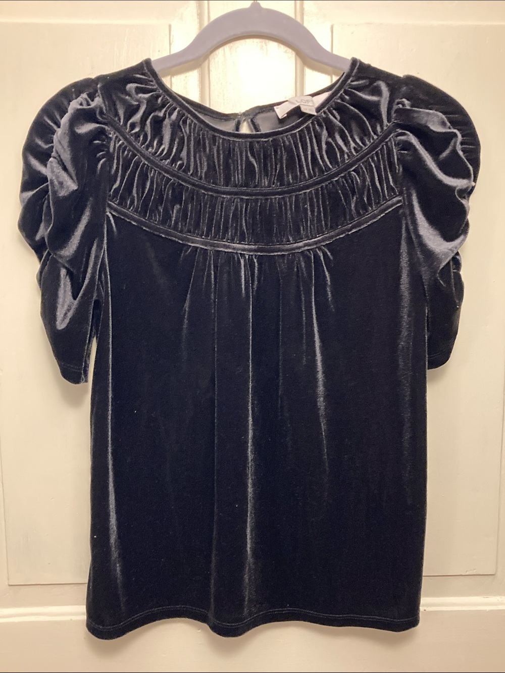 LOFT Black Velvet Puff Sleeve Blouse, Size XXSP